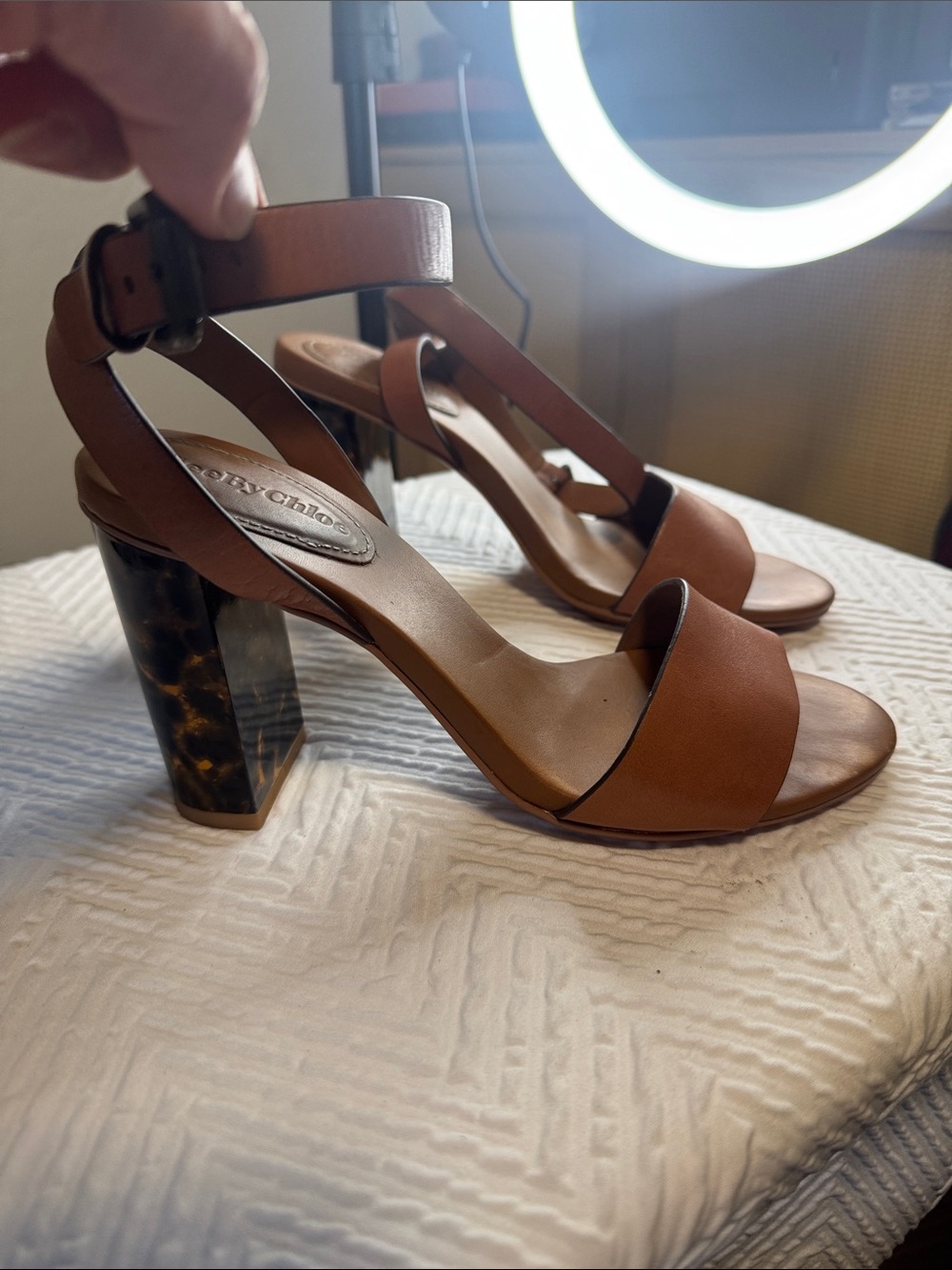 See By Chloe Brown Leather Block Heel Sandals with Tortoiseshell Accent